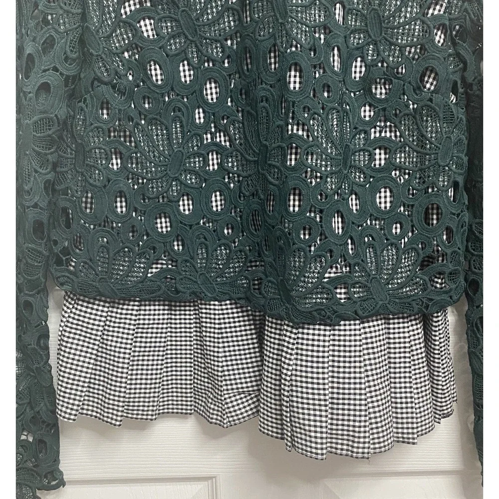 Anthropologie Maeve Gabriella Top Dark Green Lace Peplum Gingham Boho Shirt S